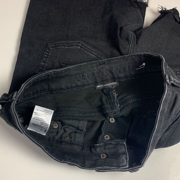 AMERICAN EAGLE black Denim shorts 2 midi next leve stretch Distressed button fly - Picture 6 of 8